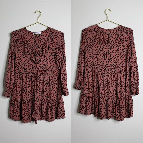 Zara Dresses & Skirts - Zara Mauve Dalmatian Print Ruffle Dress - Small